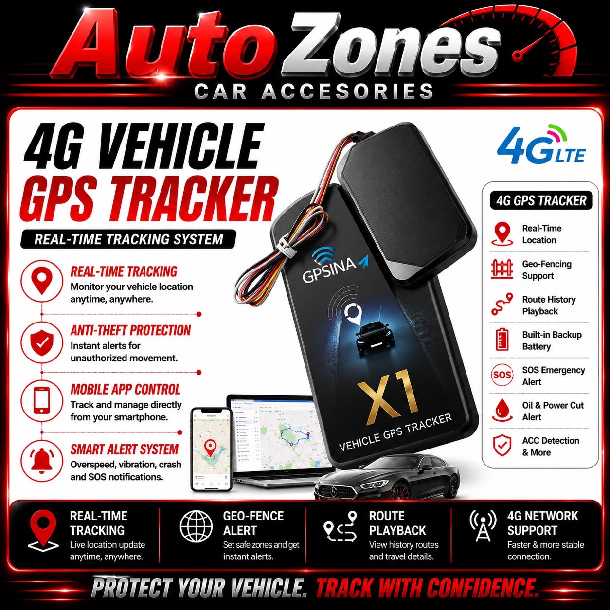 GPSiNA X1 Vehicle GPS Tracker Mobile Intelligent Real-Time Tracking Device Car Motorcycle Fleet GPS Tracking System Anti-Theft APP Control