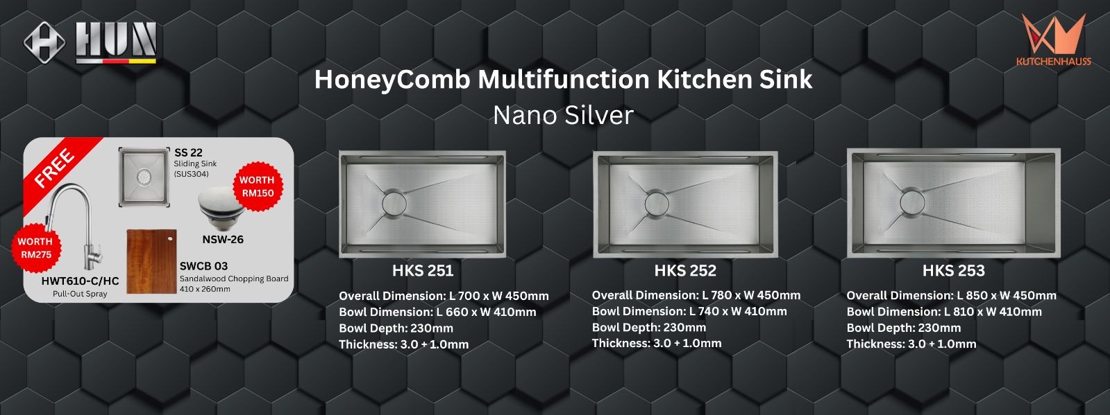 HUN - HoneyComb Multifunctional Kitchen Sink Single Bowl Package (Nano Silver) | HKS 251, HKS 252, HKS 253