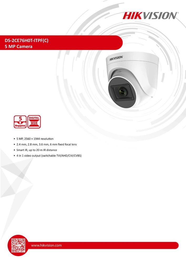 HIKVISION 5MP Dome Camera (DS-2CE76H0T-ITPF) 5MP 3.6mm EXIR Turret Dome CCTV Camera