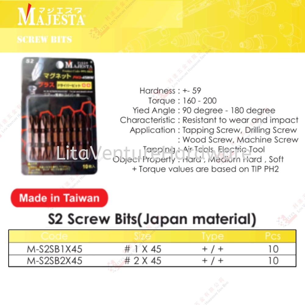 MAJESTA BRAND S2 SCREW BITS - MS2SB1X45 MS2SB2X45