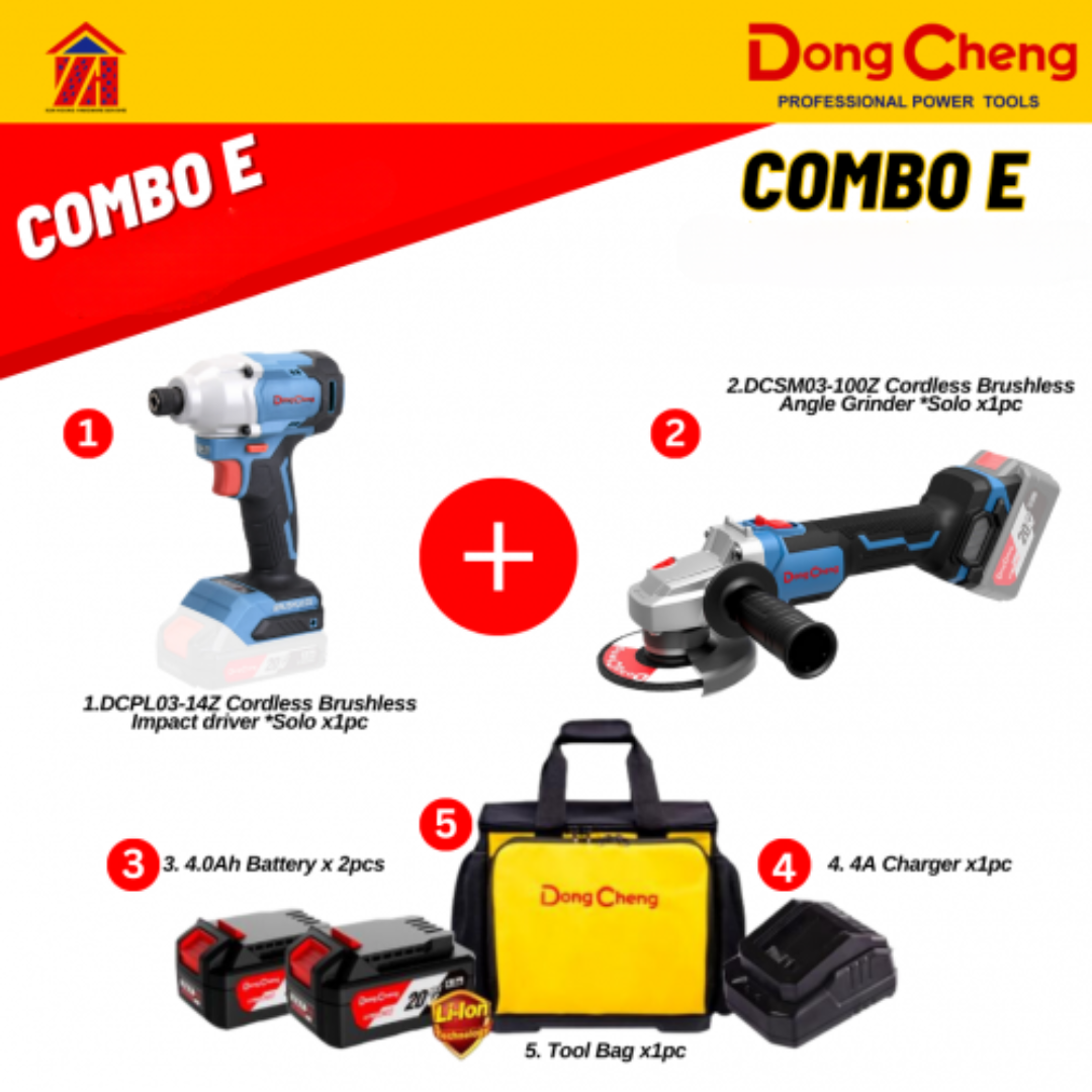 DongCheng 20V Combo E Combo Set Impact Driver Angle Grinder PWP Combo E+ Impact Wrench and 5.0AH Battery