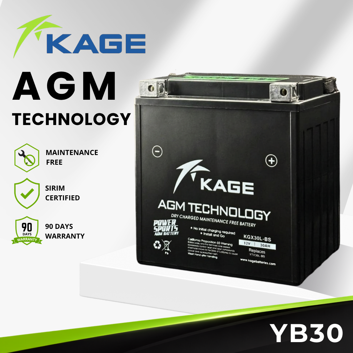 YB30L-BS KAGE - BATERI Harley Davidson 1803 CVO FLH(TOURING)2007-2016/1870 CVO FLH SERIES 2017-2019/1340 FL,FLH(TOURING)1997-1998/1450FL,FLH SERIES(TOURING)1999,2000-2006/1584 FL,FLH SERIES(TOURING)2007-2010