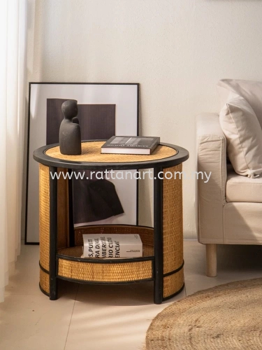 LUNA. WOODEN RATTAN SIDE TABLE