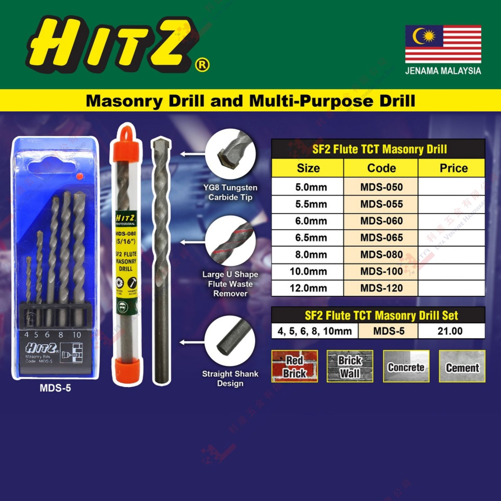 HITZ BRAND MULTIPURPOSE MASONRY DRILL - MDS050 MDS055 MDS060 MDS065 MDS080 MDS100 MDS120