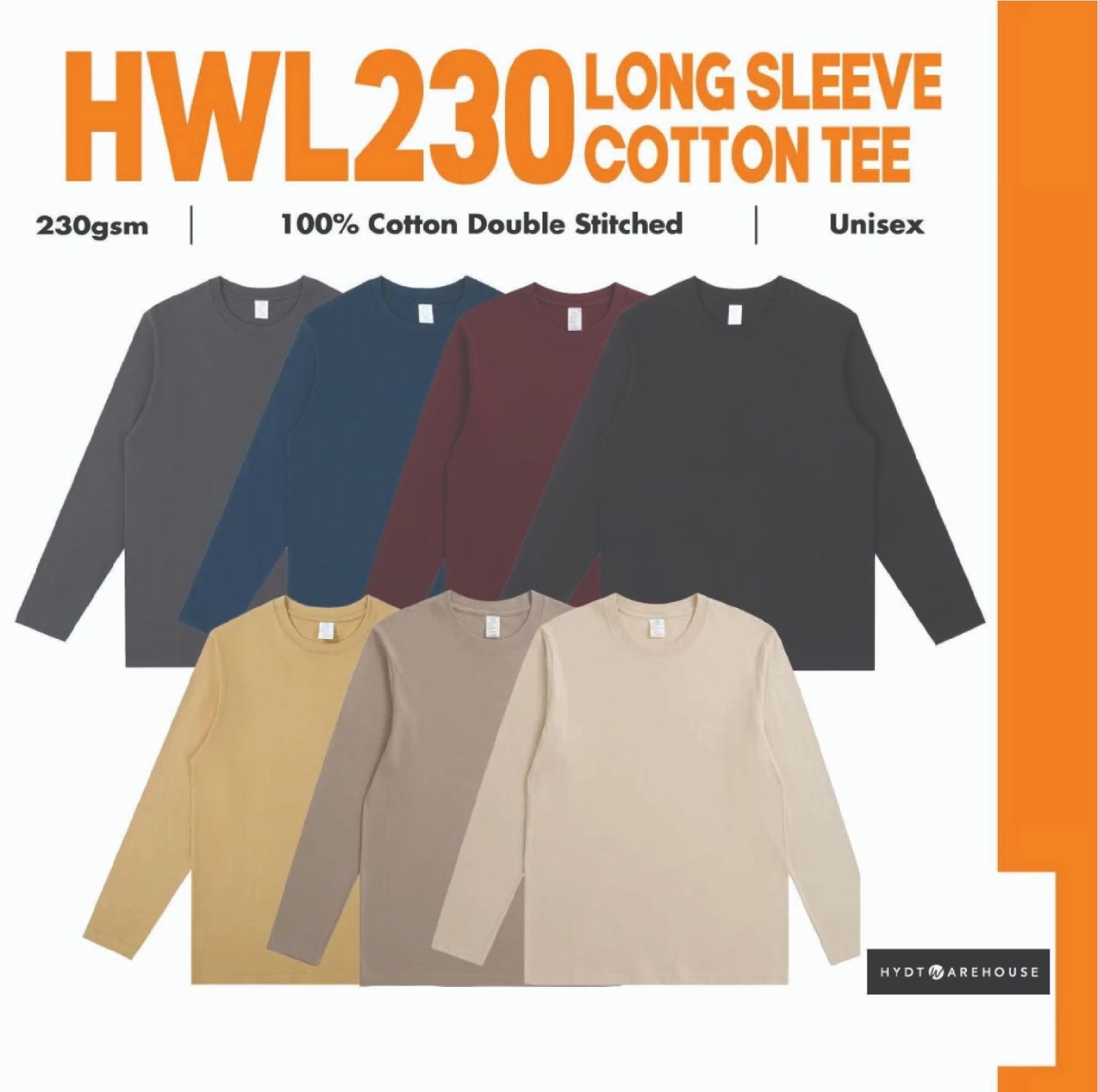 HYDT WAREHOUSE Symbolic Cotton 230gsm Long Sleeve T-Shirt Unisex Regular Fit Combed Tee Baju Tebal HWL230