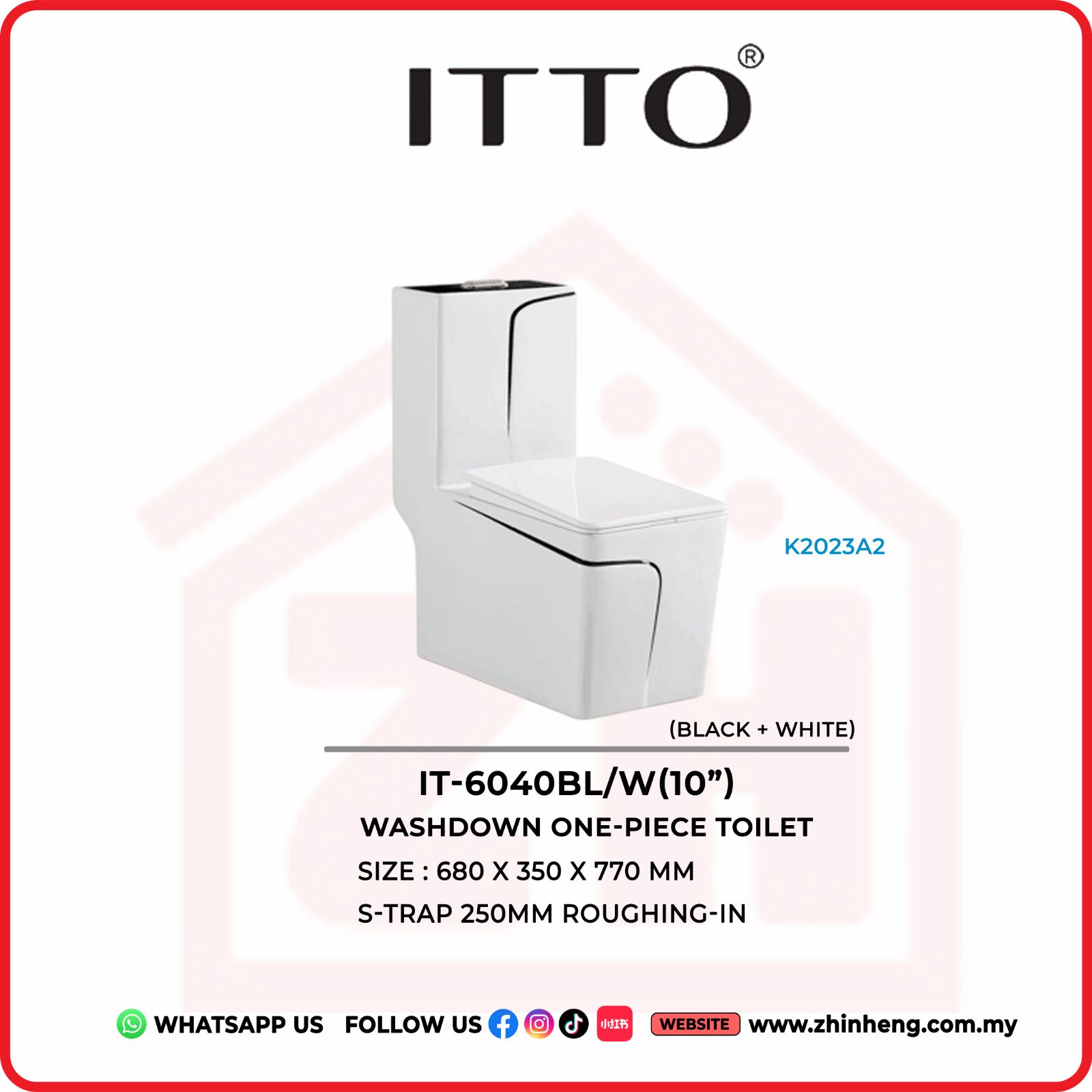 ITTO Wash Down One-Piece Toilet (BLACK + WHITE) IT-6040BL/W(10")