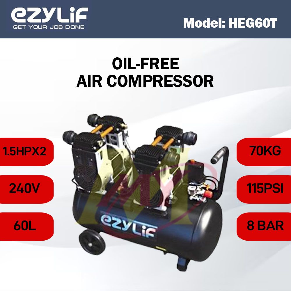 EZYLIF HEG60T Oil-Less Air Compressor with 2 Motor (1.5Hpx2) 60L