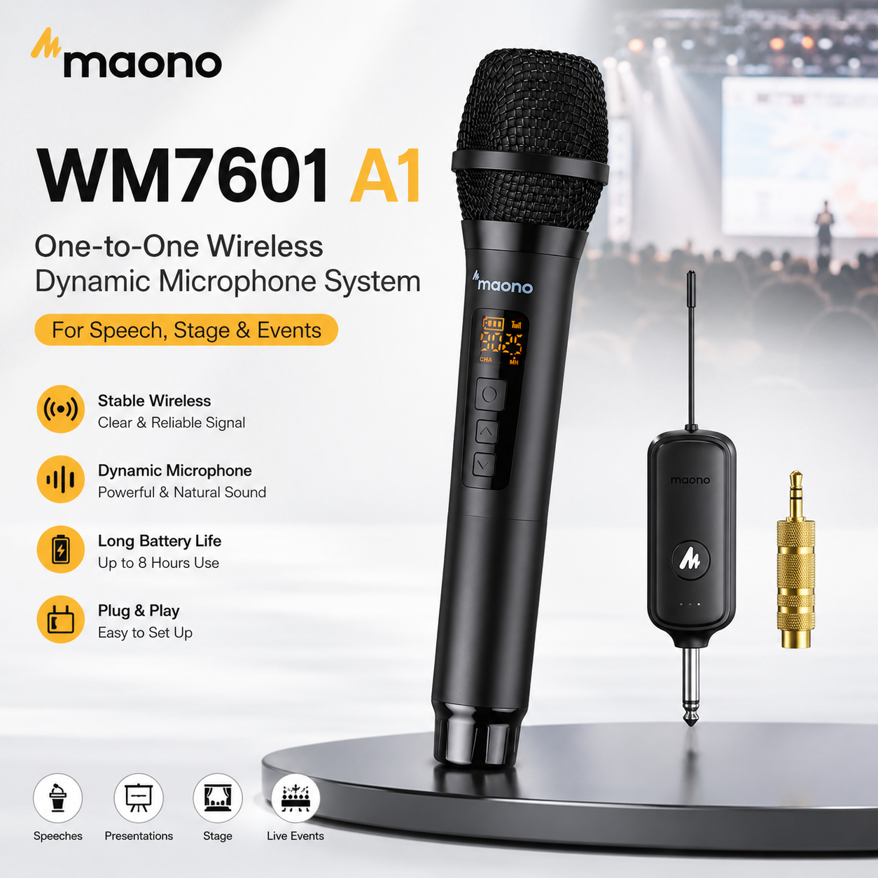 Maono WM7601 A1 – 一对一无线动圈麦克风系统，适用于演讲、舞台与活动