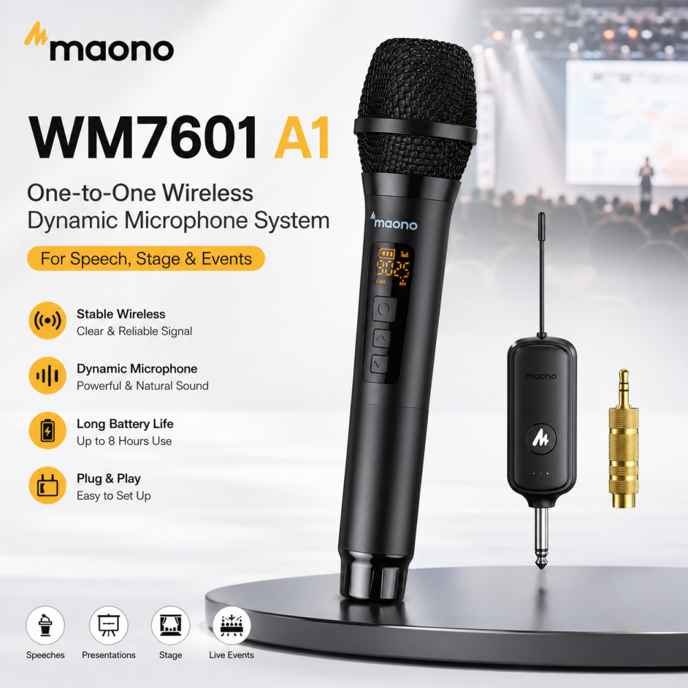 Maono WM7601 A1 – One-to-One Wireless Dynamic Microphone System with Receiver for Speech, Stage & Events