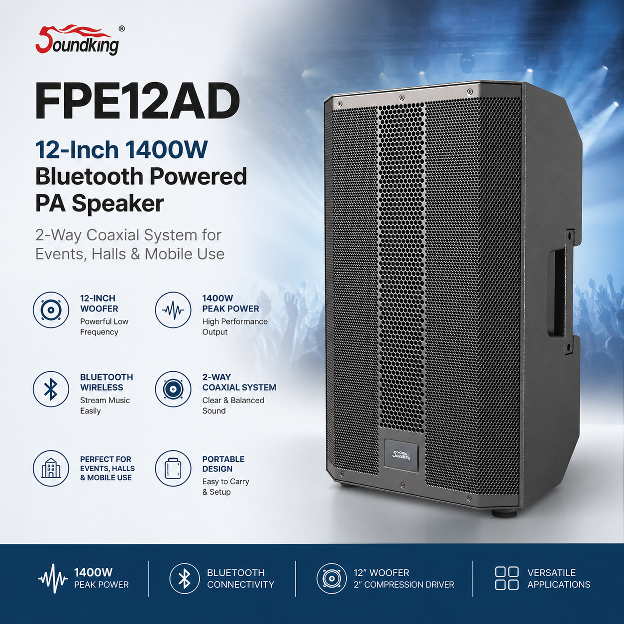 Soundking FPE12AD 蓝牙有源音箱 – 12寸1400W同轴二分频音响，适用于多功能厅、演出与流动音响