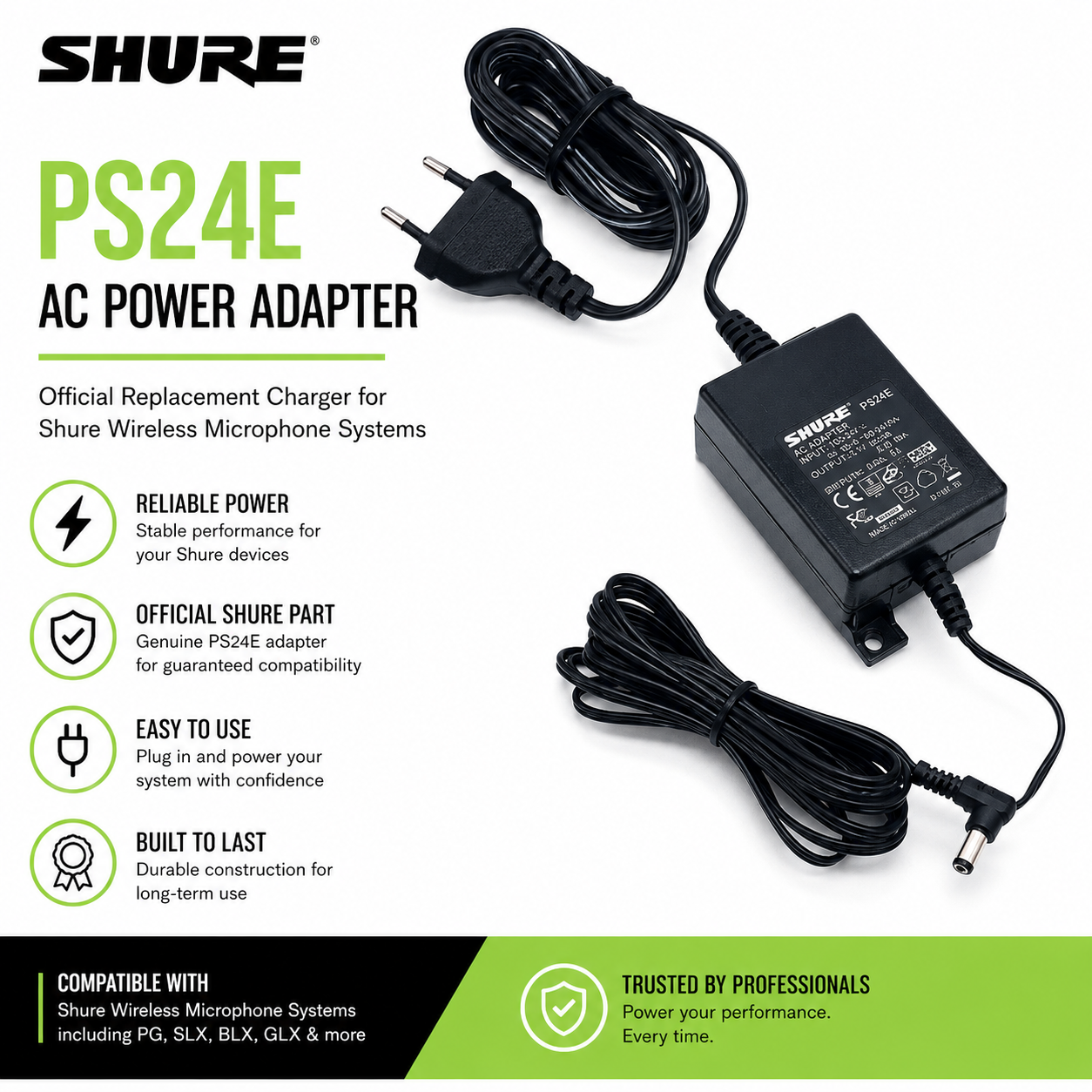 Shure PS24E AC Power Adapter – Official Replacement Charger for Shure Wireless Microphone Systems