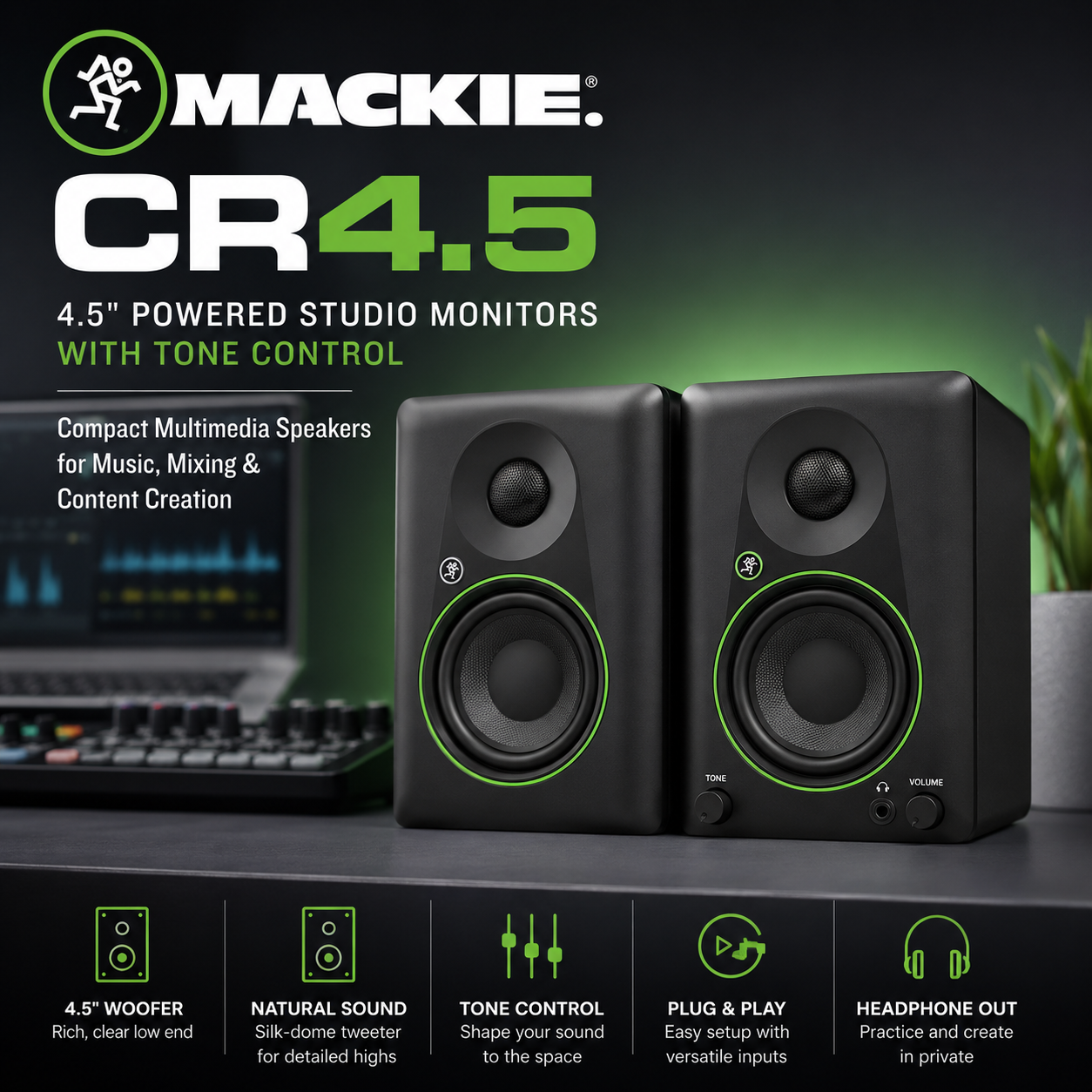 Mackie CR4.5 4.5" Powered Studio Monitors with Tone Control | Compact Multimedia Speakers for Music, Mixing & Content Creation