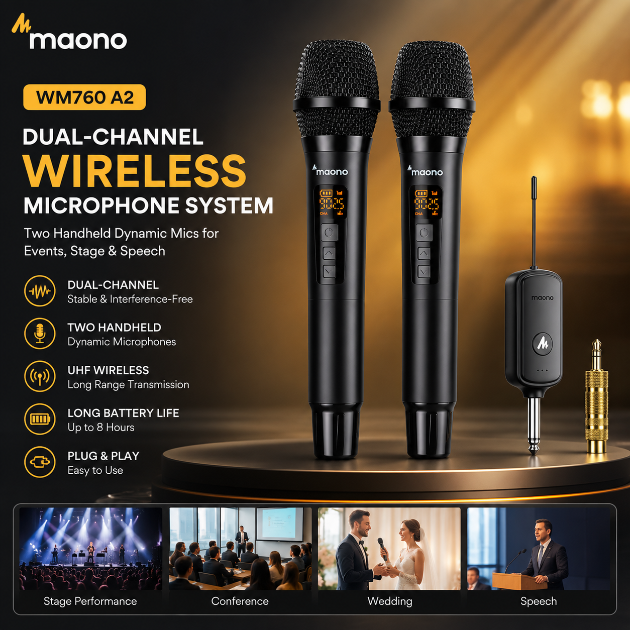 Maono WM760 A2 – Sistem Mikrofon Tanpa Wayar Dua Saluran dengan Dua Mikrofon Genggam Dinamik untuk Acara, Pentas & Ucapan