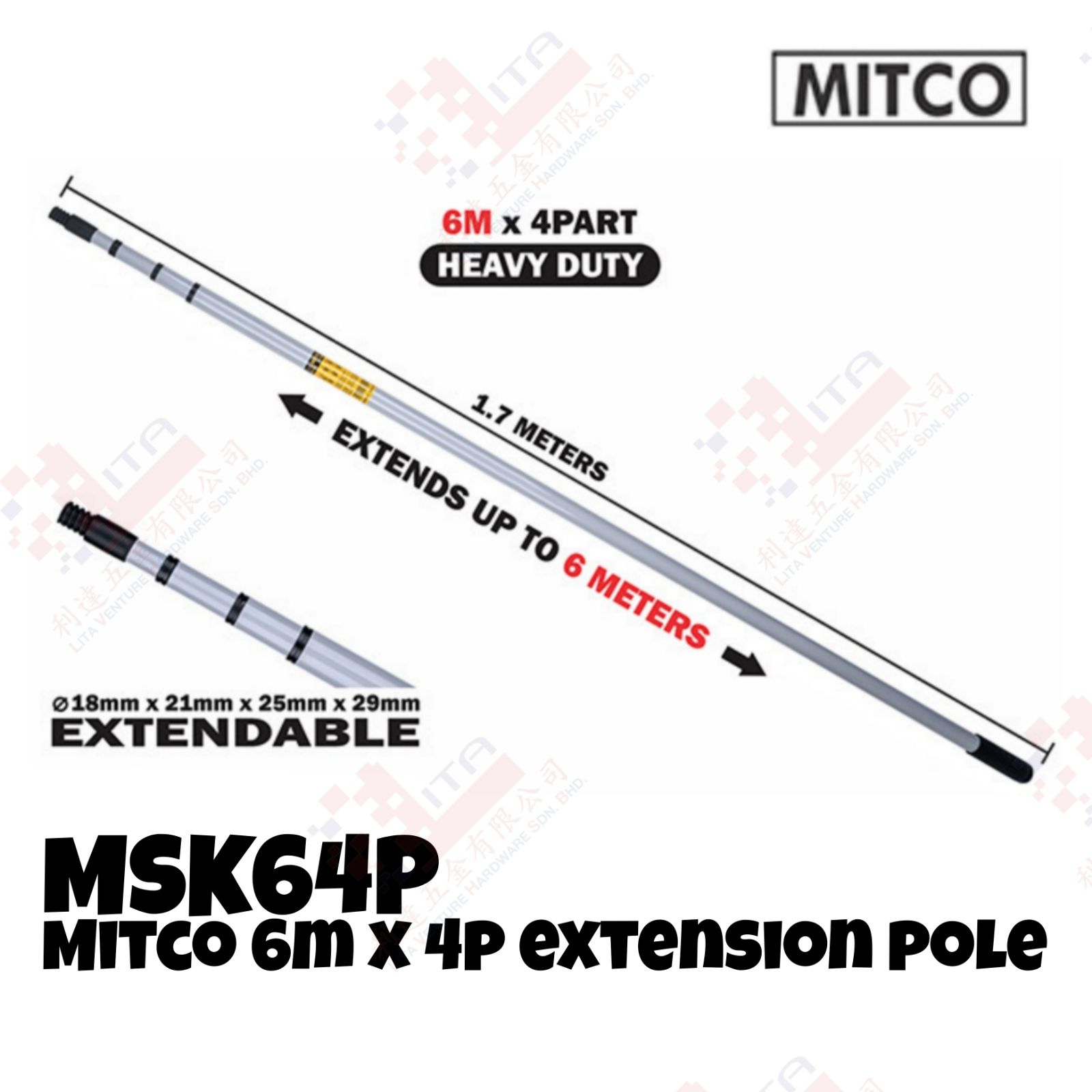 MITCO BRAND 6M X 4P EXTENSION POLE - MSK64P