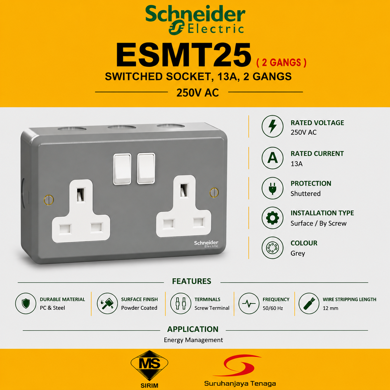 SCHNEIDER 2 X 13A SWITCH SOCKET OUTLET METAL CLAD ESMT25 | BESI | INDUSTRIAL SOCKET