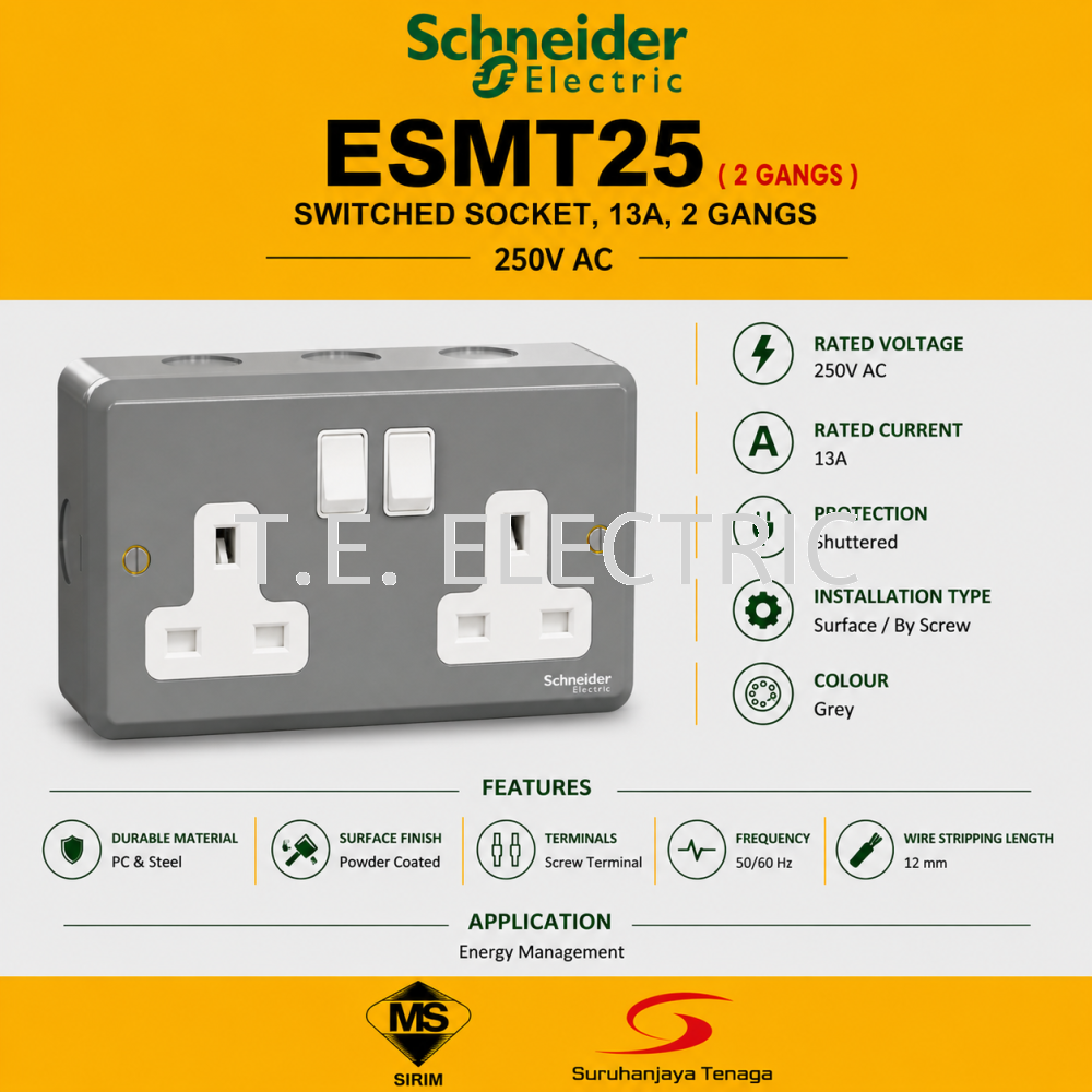 SCHNEIDER 2 X 13A SWITCH SOCKET OUTLET METAL CLAD ESMT25 | BESI | INDUSTRIAL SOCKET