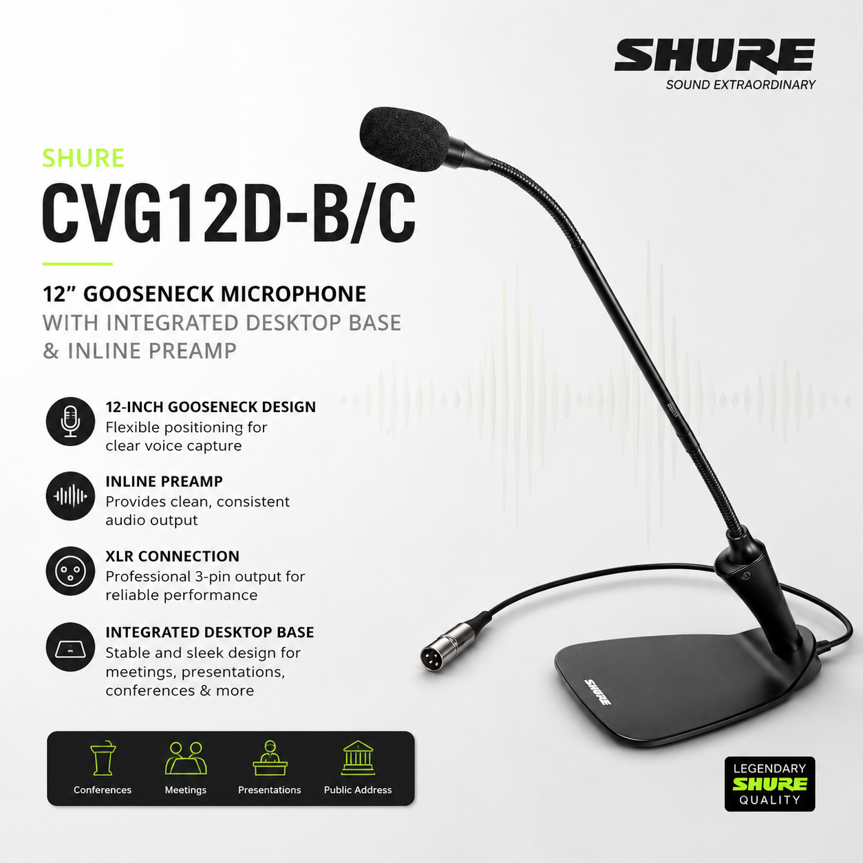 Shure CVG12D-B/C 12” Gooseneck Microphone with Integrated Desktop Base & Inline Preamp