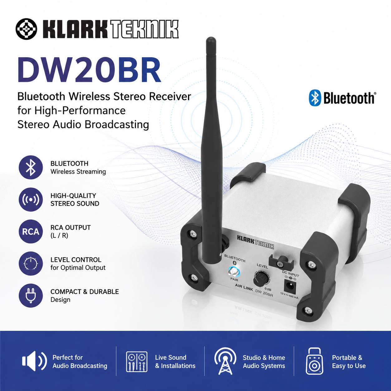 Klark Teknik DW20BR – 蓝牙无线立体声接收器，高性能立体声音频传输