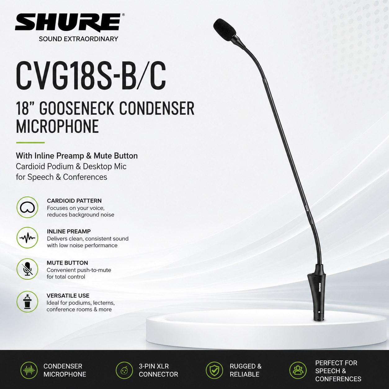 Shure CVG18S-B/C 18寸鹅颈电容麦克风带内联前置放大器与静音按钮 – 心形讲台/桌面麦克风，适用于演讲与会议