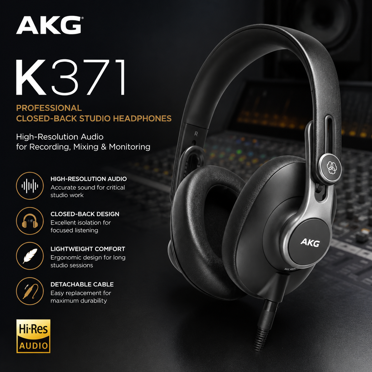 AKG K371 Fon Kepala Studio Profesional Tertutup – Audio Resolusi Tinggi untuk Rakaman, Pencampuran & Pemantauan