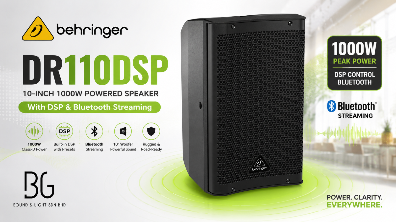 Behringer DR110DSP – Pembesar Suara Berkuasa 10-Inci 1000W dengan DSP & Penstriman Bluetooth