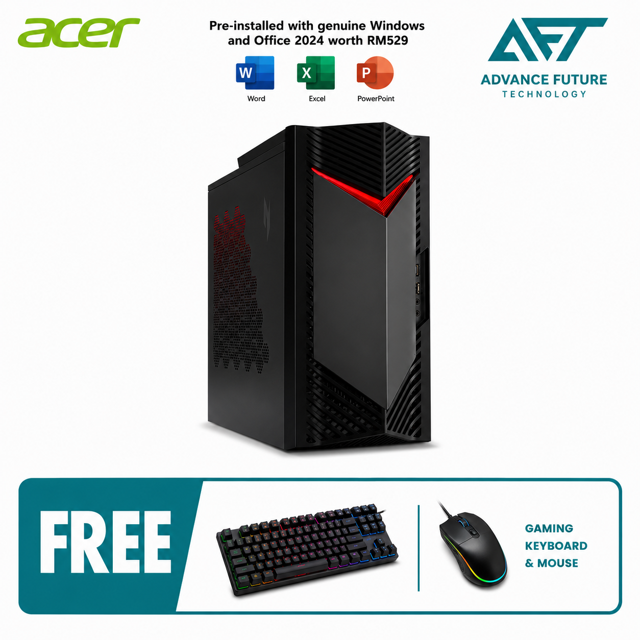 Acer Nitro 5 N50-656-14400W11S Gaming Desktop PC ( Intel Core i5 14400F, 16GB, 512GB SSD, RTX3050, W11, H&S 2024&M365 )