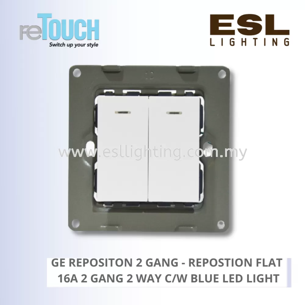 RETOUCH GRAND ELEMENTS - GE REPOSITON 2 GANG - E/SW022N-GW – REPOSTION FLAT 16A 2 GANG 2 WAY C/W BLUE LED LIGHT