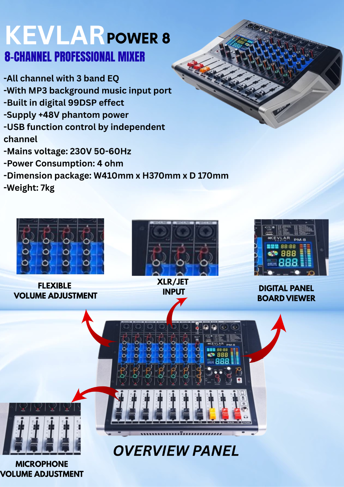 Kevlar Power 8 8 channel Professional Powered Mixer
