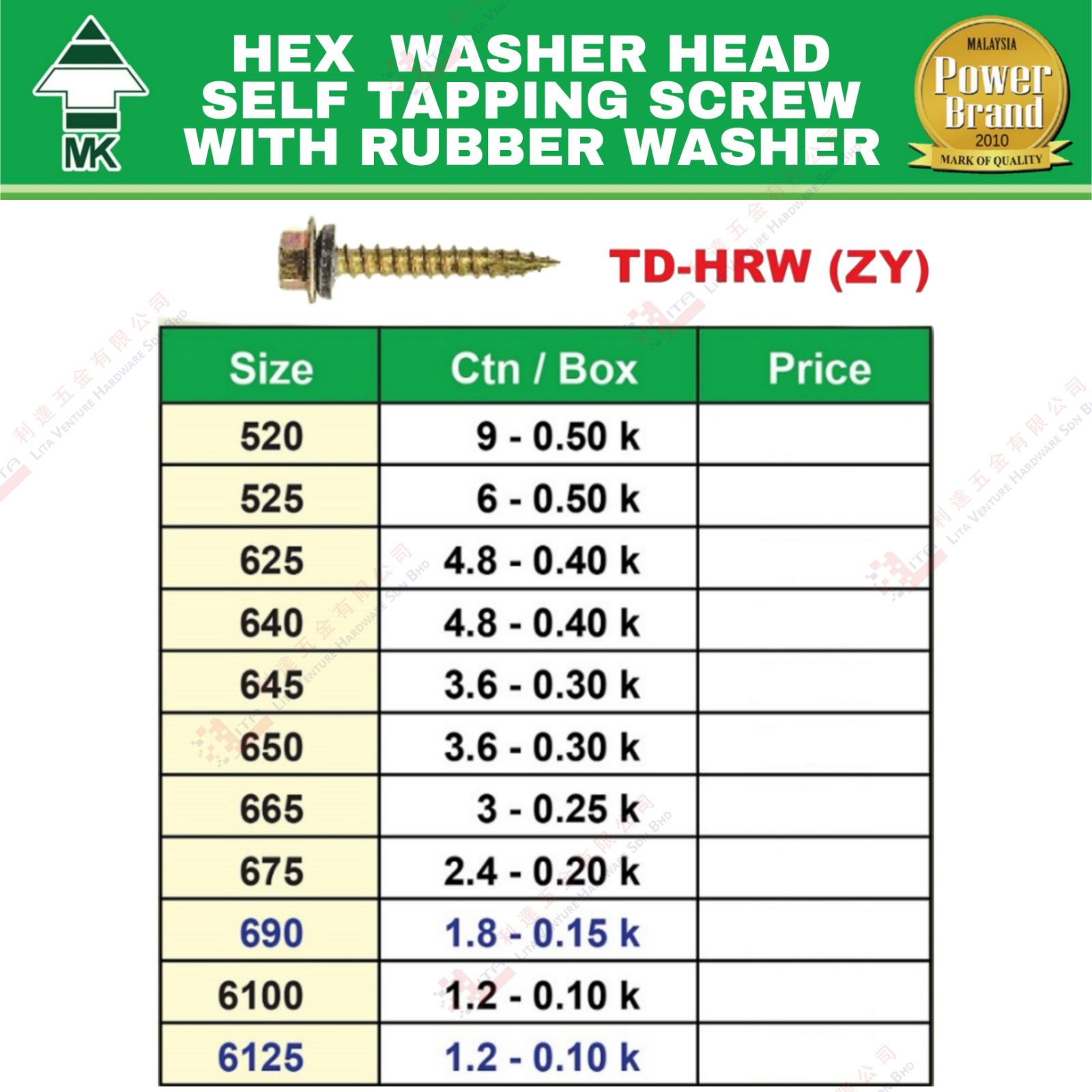 MK BRAND HEX WASHER HEAD SELF TAPPING SCREW WITH RUBBER WASHER - TDHRWZY
