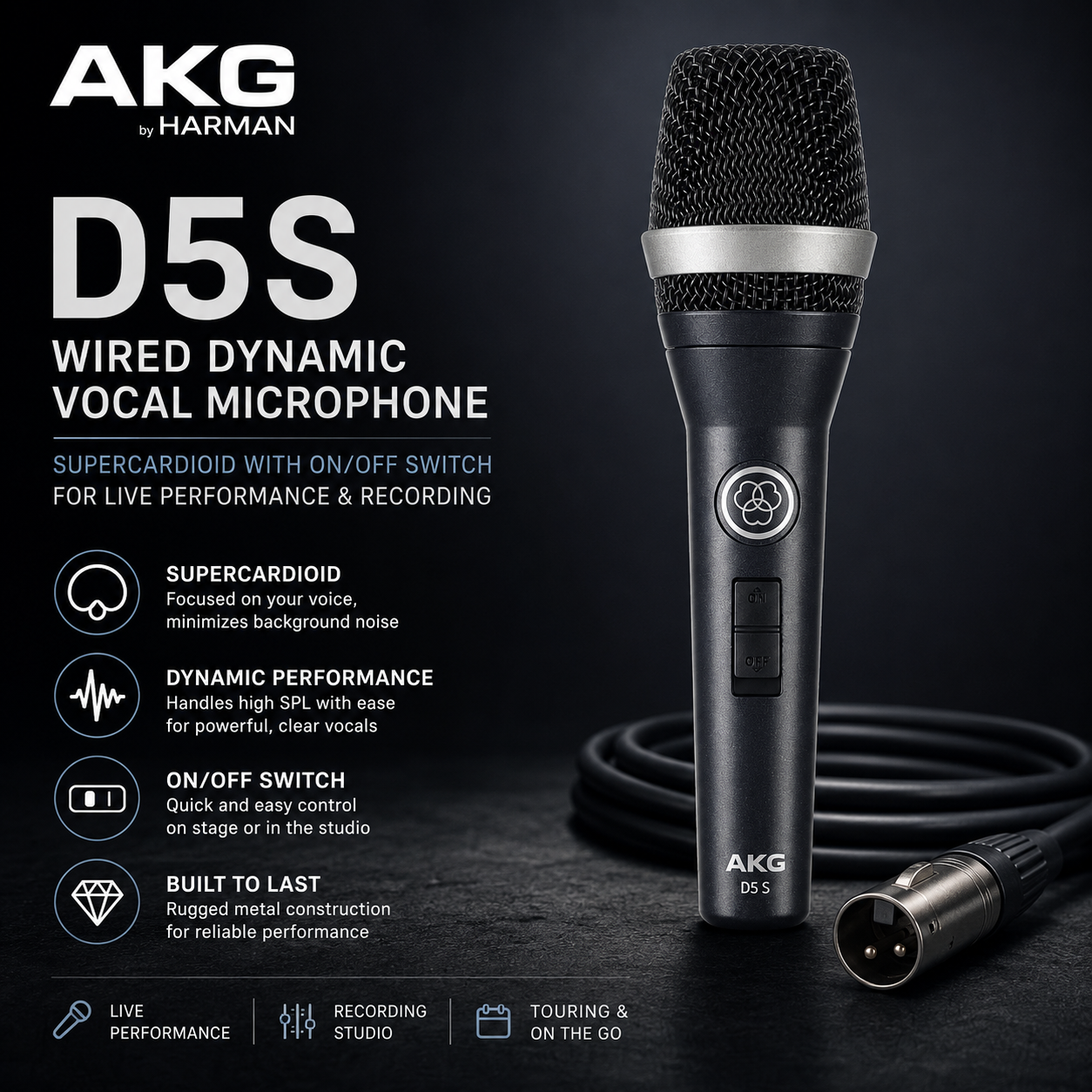 AKG D5S Mikrofon Dinamik Vokal Berwayar – Supercardioid dengan Suis Hidup/Mati untuk Persembahan & Rakaman