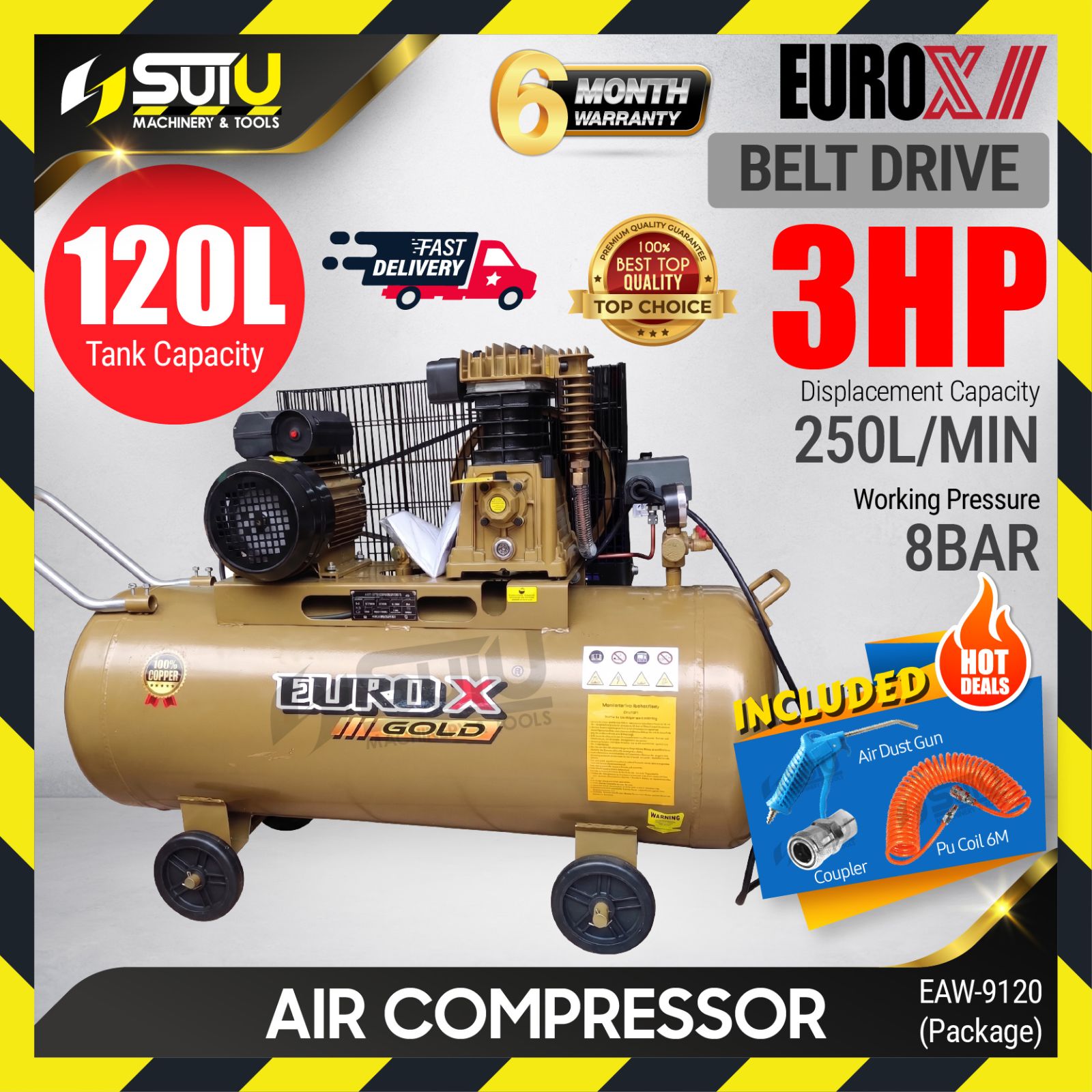 EUROX GOLD EAW9120 / EAW9120G / EAW-9120 3HP 120L Air Compressor / Kompressor 1050RPM