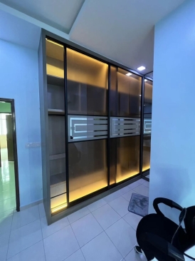 Bedroom Clothing Wardrobe With Sliding Glass Door |Wardrobe With lIght Modern Design | Custom Size Wardrobe | Penang Furniture Store | Wardrobe Furniture Store