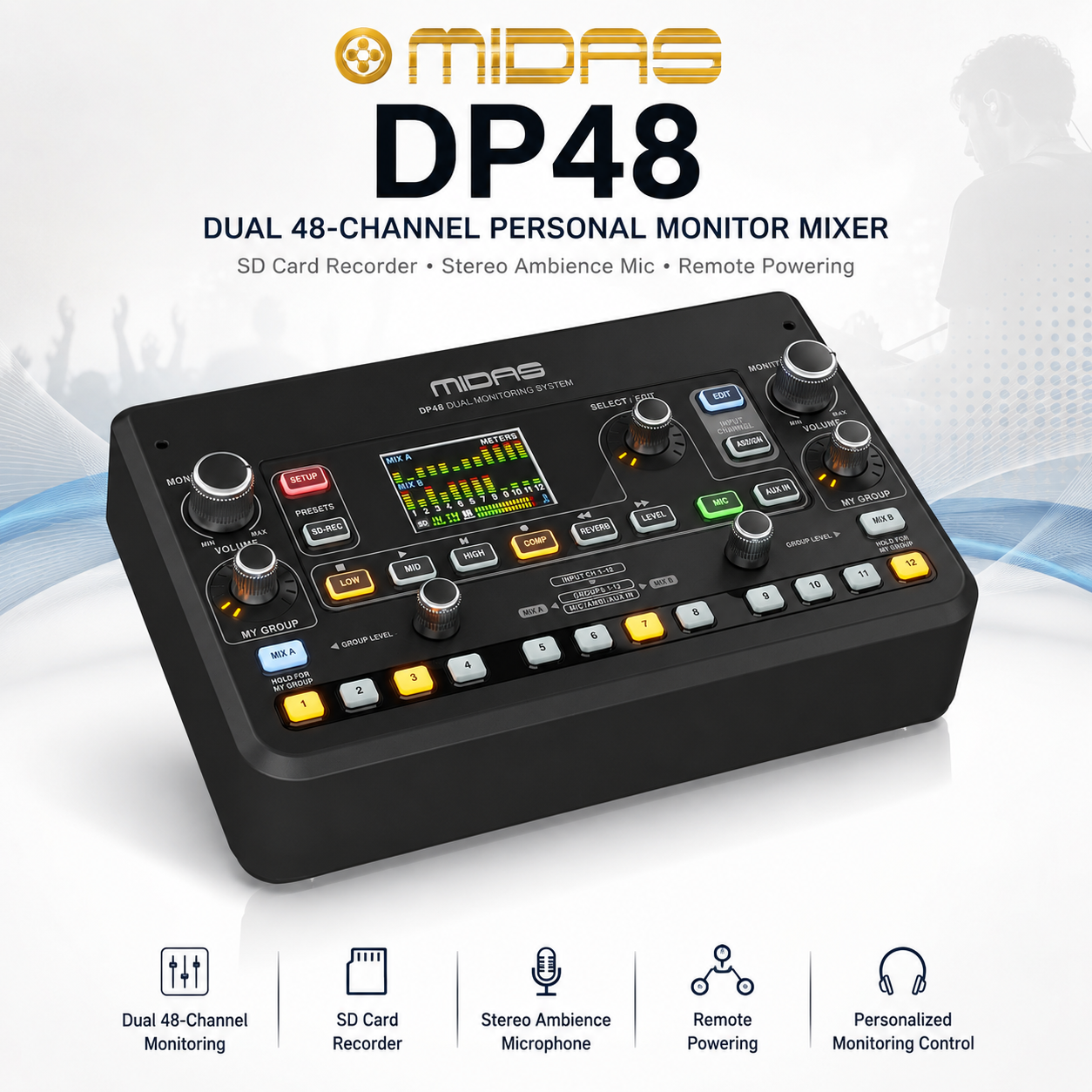 Midas DP48 – Pengadun Monitor Peribadi 48 Saluran Berkembar dengan Perakam Kad SD, Mikrofon Ambien Stereo & Kuasa Jauh
