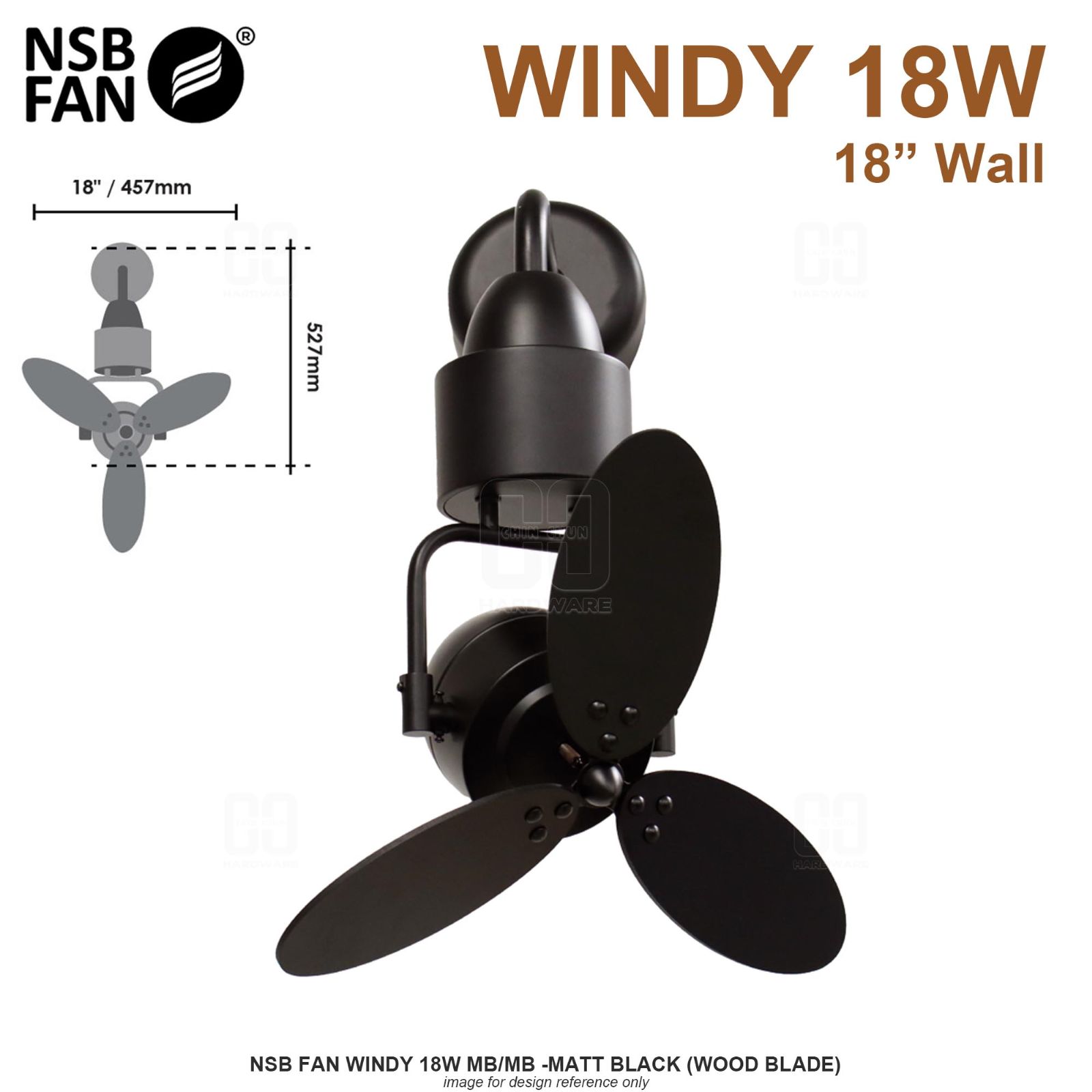 NSB FAN WINDY 18W MB/MB MATT BLACK (WOOD BLADE)