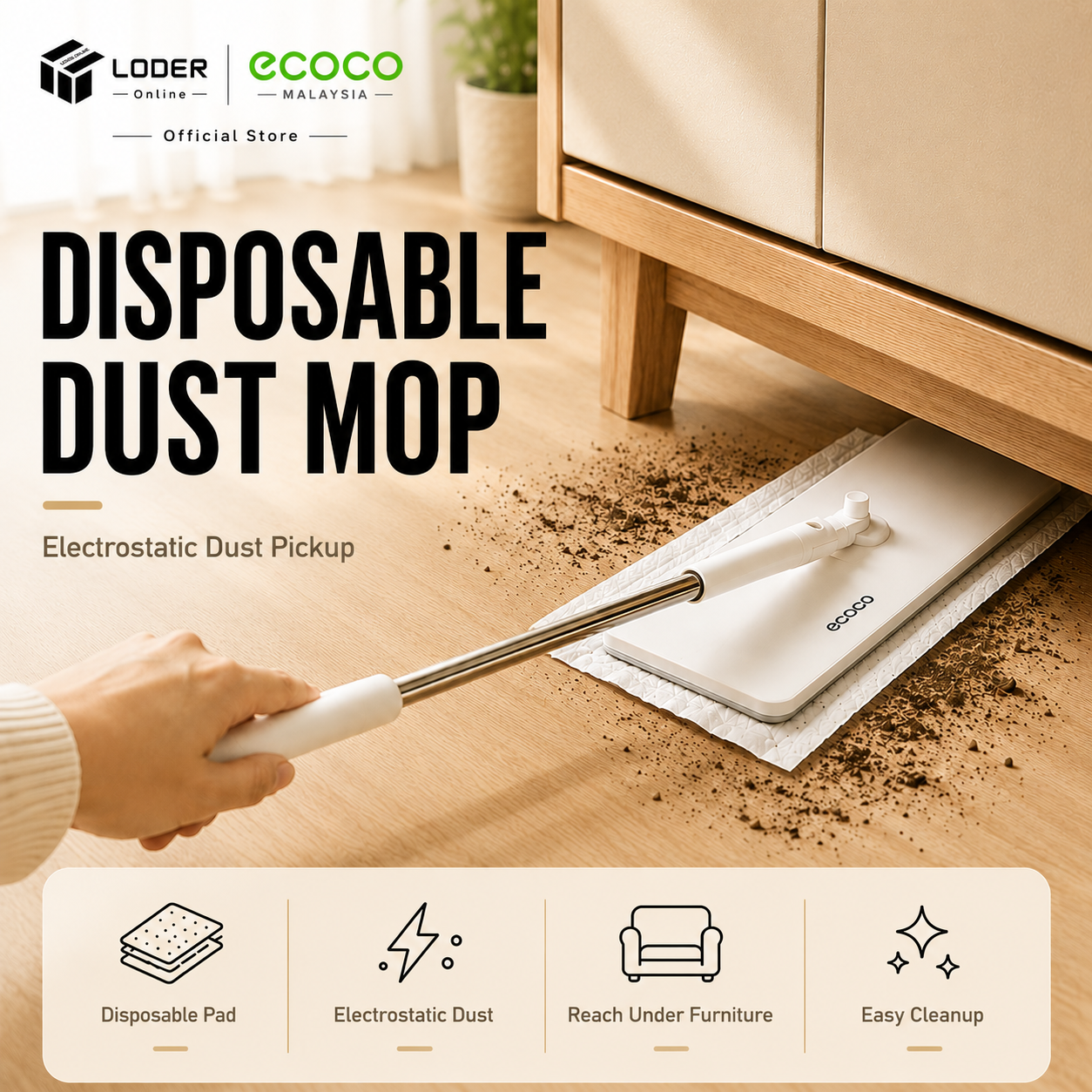 LODER ECOCO Disposable Dust Mop Electrostatic Dry Wipe Hair Dust Floor Sweeper Flat Floor Cleaner