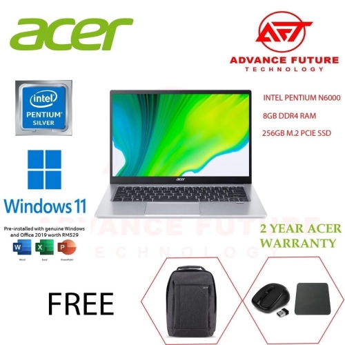 Acer Swift 1 SF114-34-P9TR 14'' FHD Laptop Pure Silver ( Pentium N6000, 8GB, 256GB SSD, Intel, W11, HS )