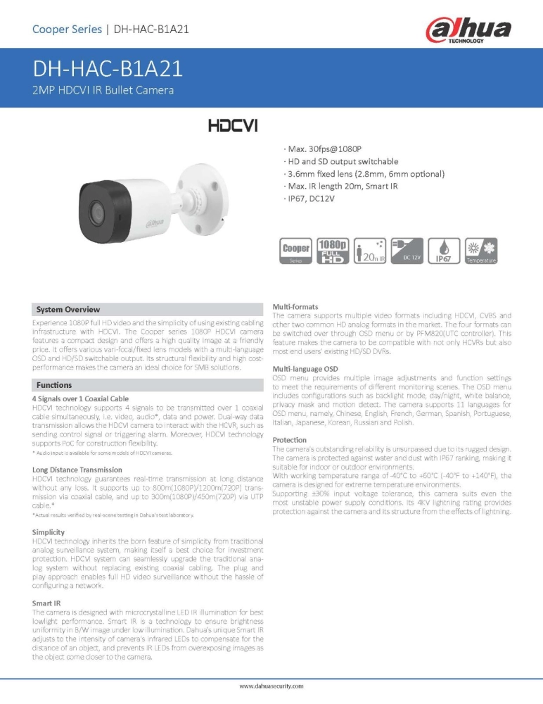 DAHUA 2MP Bullet Camera (HAC-B1A21P) 3.6mm Fixed Lens HDCVI IR Bullet CCTV Camera