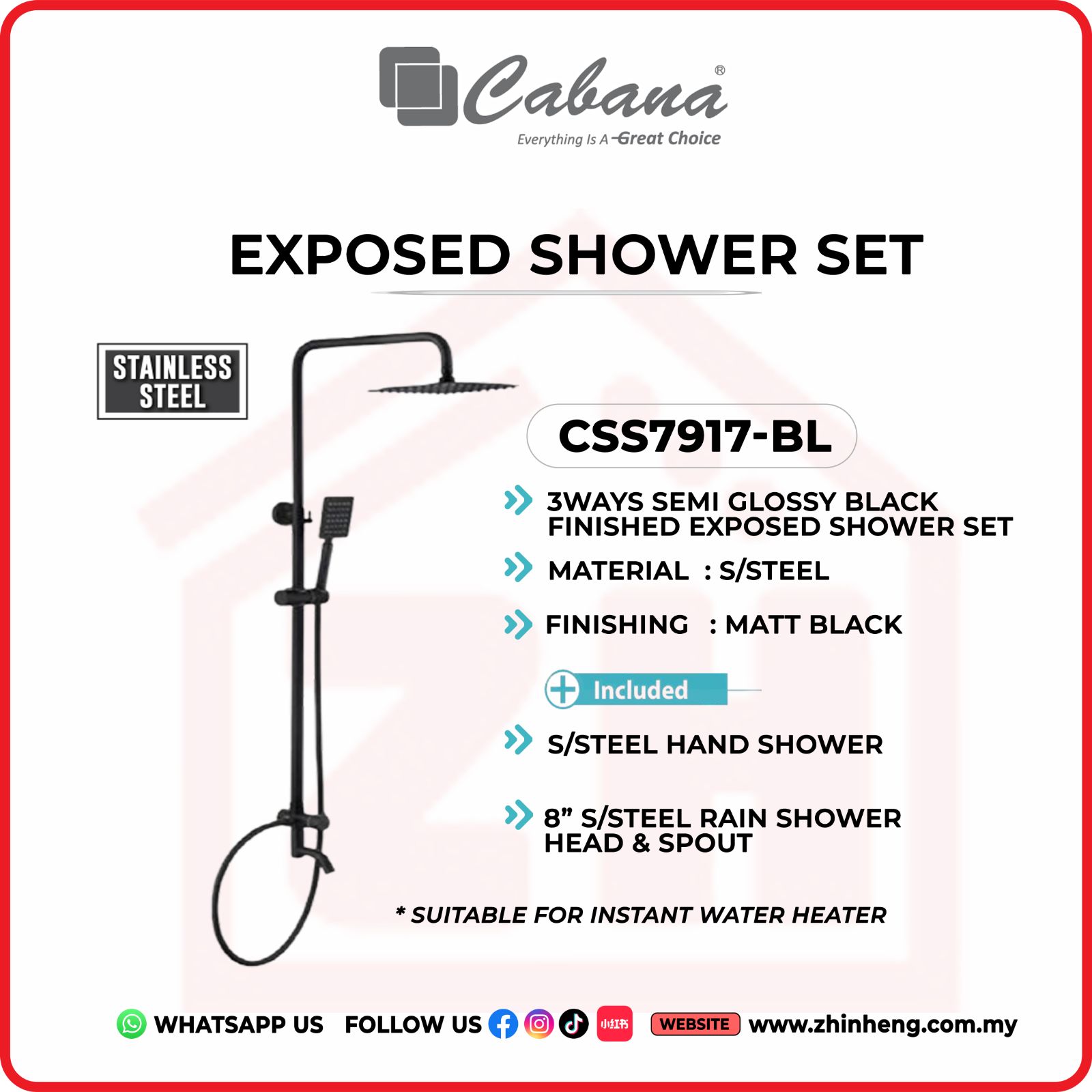 CABANA 3 WAYS SEMI GLOSSY BLACK FINISHED EXPOSED SHOWER SET  CSS7917-BL