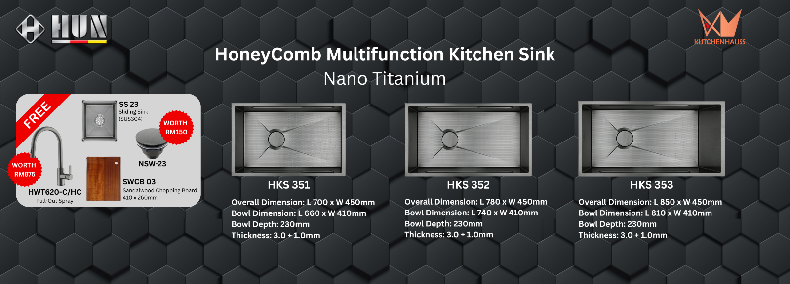 HUN - HoneyComb Multifunctional Kitchen Sink Single Bowl Package (Nano Titanium) | HKS 351, HKS 352, HKS 353