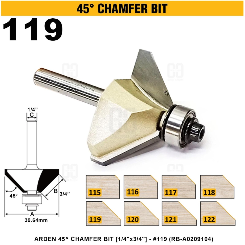ARDEN 45掳 CHAMFER BIT 1/4"x3/4" #119 (RB-A0209104)