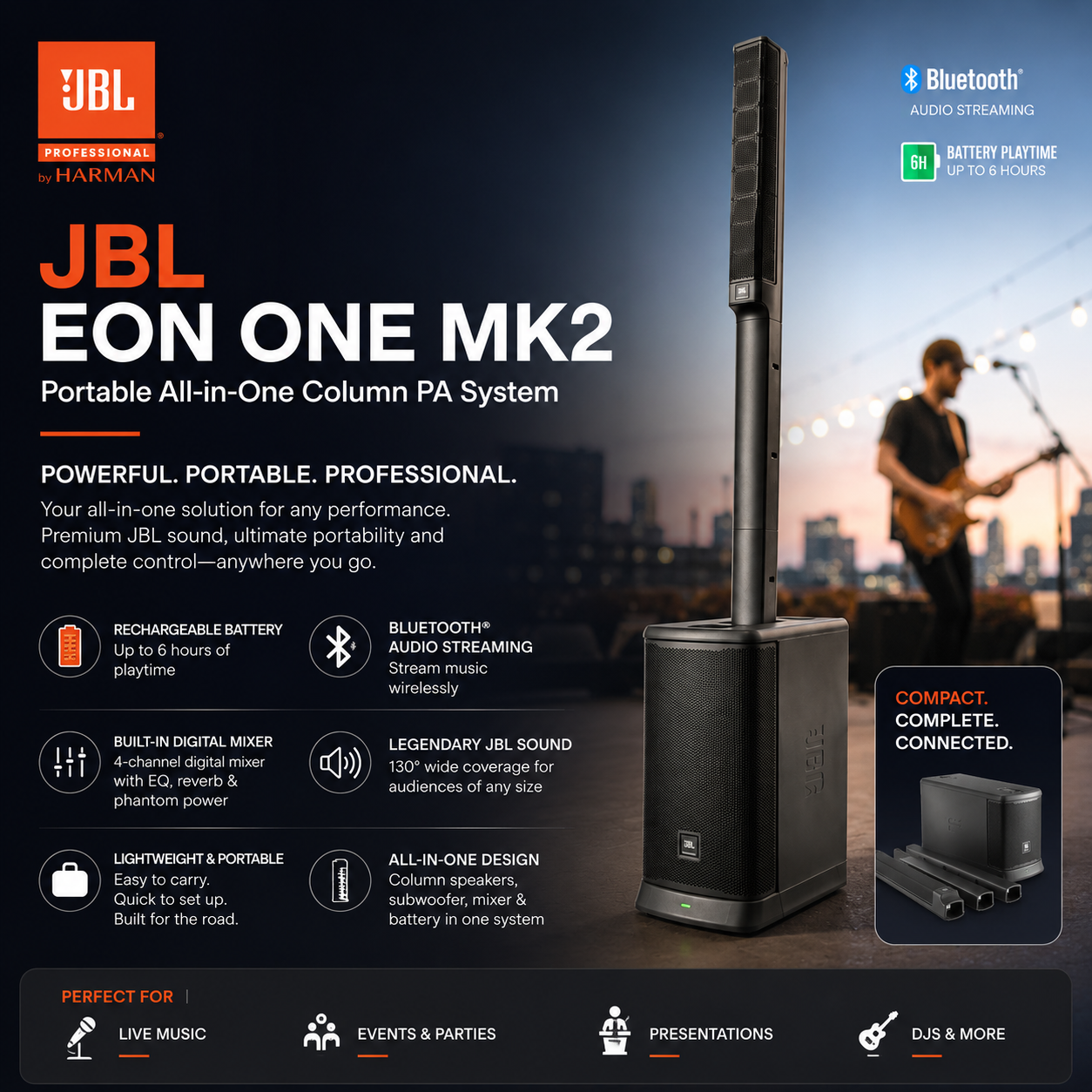 JBL EON ONE MK2 – Sistem PA Lajur Mudah Alih Semua Dalam Satu dengan Bateri Boleh Cas Semula, Penstriman Bluetooth & Pengadun Digital Terbina