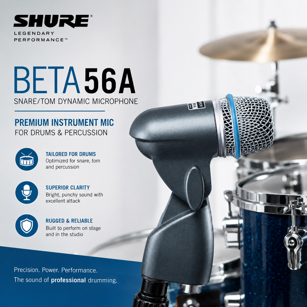 Shure BETA56A 小军鼓/通鼓动圈麦克风 – 高性能鼓组及打击乐器拾音麦克风