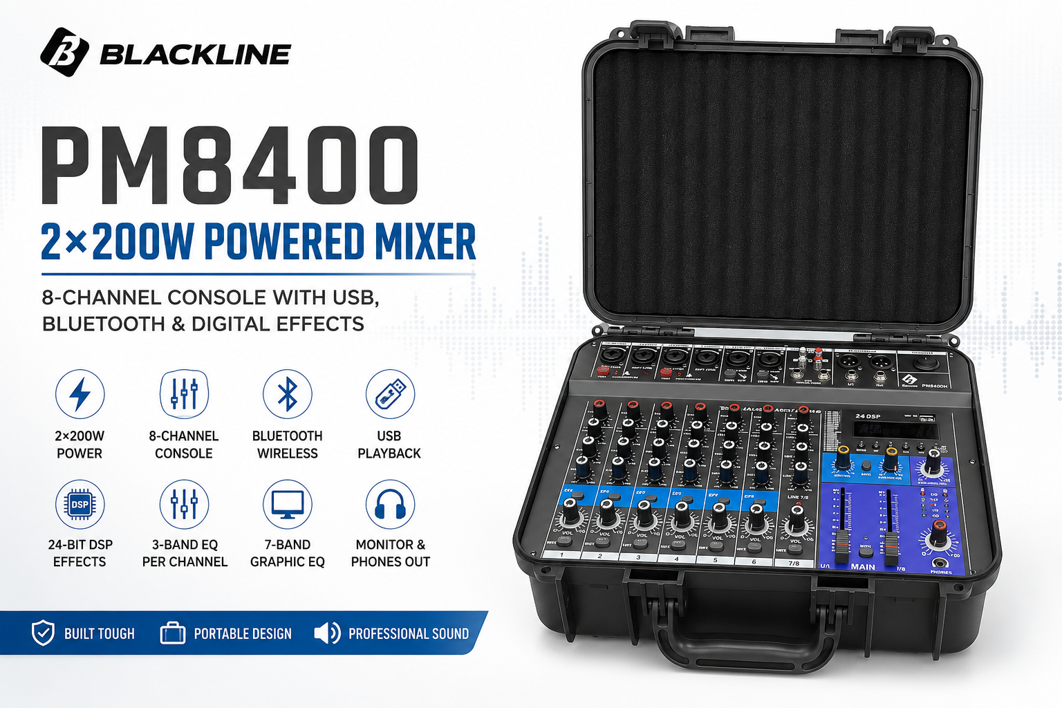 Blackline PM8400 Pengadun Berkuasa 2×200W – Konsol 8 Saluran dengan USB, Bluetooth & Kesan Digital