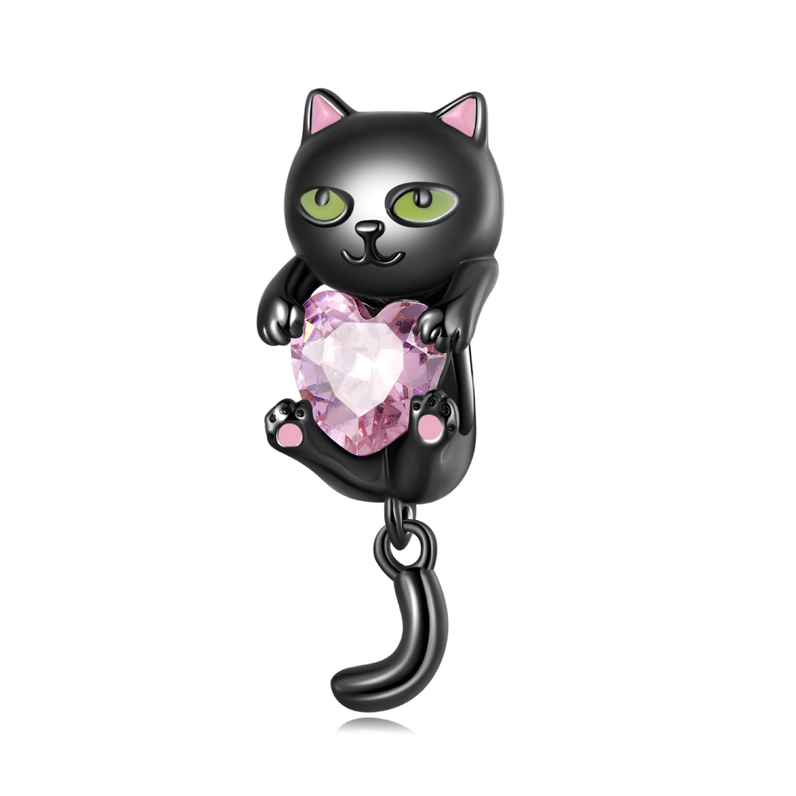 Cute Black Cat Hugging Pink Heart Charm