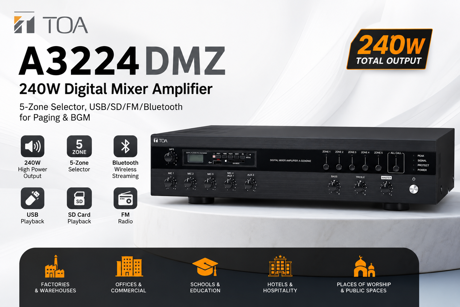 TOA A3224DMZ – Penguat Campuran Digital 240W dengan Pemilih 5 Zon, USB/SD/FM/Bluetooth untuk Paging & Muzik Latar