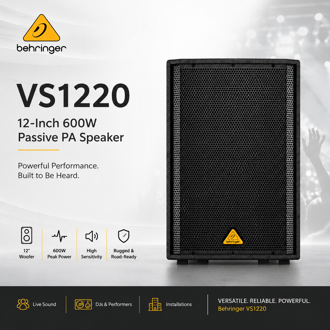 Behringer VS1220 – Pembesar Suara PA Pasif 12-Inci 600W untuk Bunyi Langsung, DJ & Pemasangan Tetap