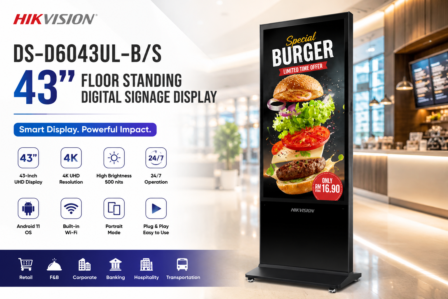 Hikvision DS-D6043UL-B/S 43-inch Floor Standing Digital Signage Display Malaysia