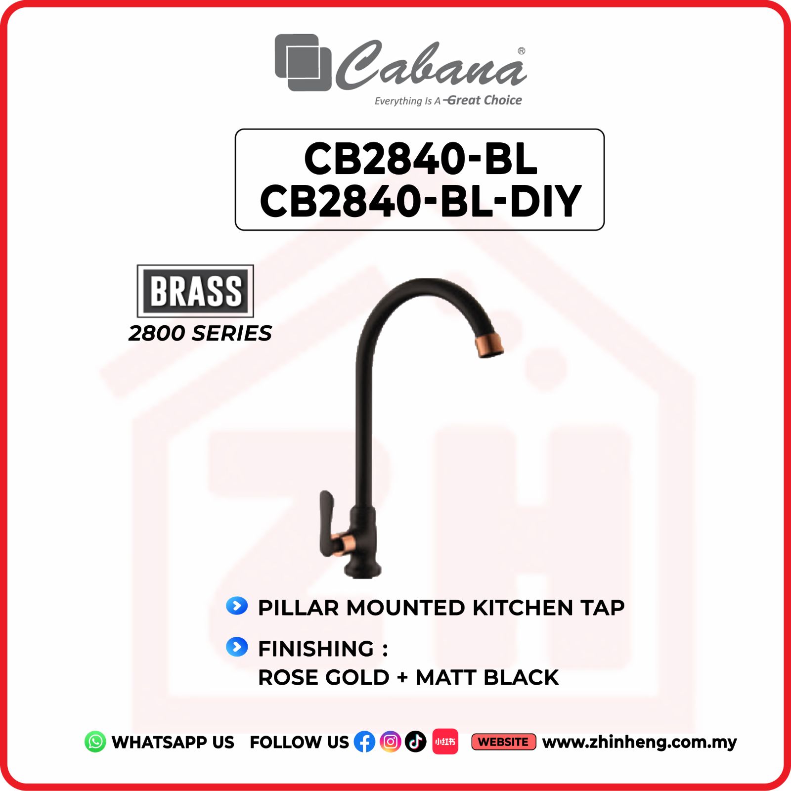 CABANA Pillar Mounted Kitchen Tap CB2840-BL & CB2840-BL-DIY