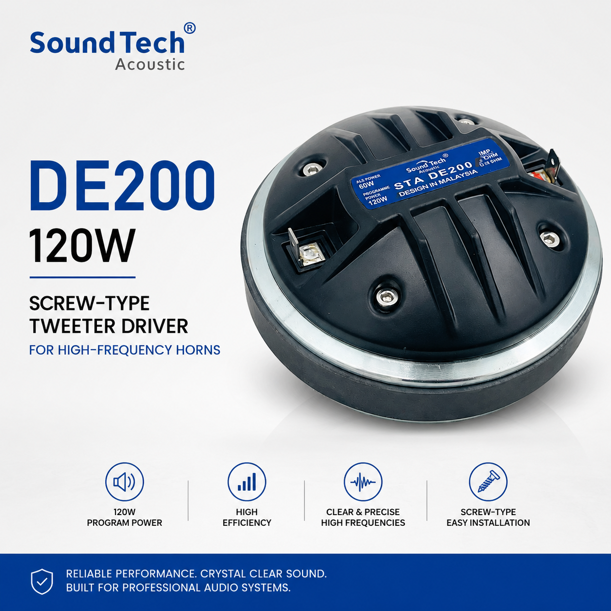 SOUNDTECH DE200 – Pemacu Tweeter Jenis Skru 120W untuk Horn Frekuensi Tinggi