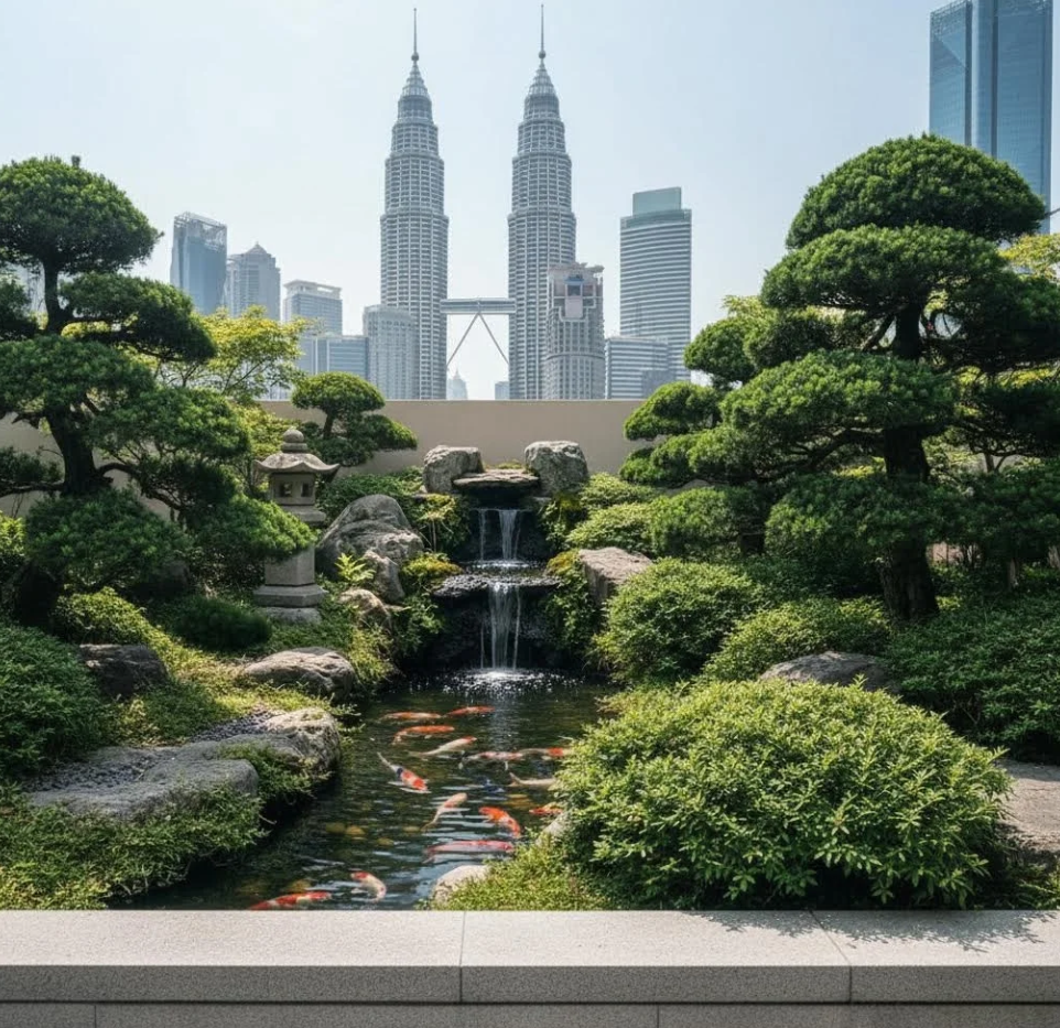 Outdoor Koi Pond With Waterfall Feature Malaysia 马来西亚户外锦鲤池及瀑布景观 Kolam Koi Luaran Dengan Air Terjun Feature Malaysia